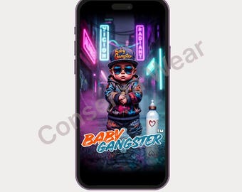 Baby Gangster iPhone Wallpaper, Neon Cyberpunk Urban Cartoon Lock Screen (Digital Download)