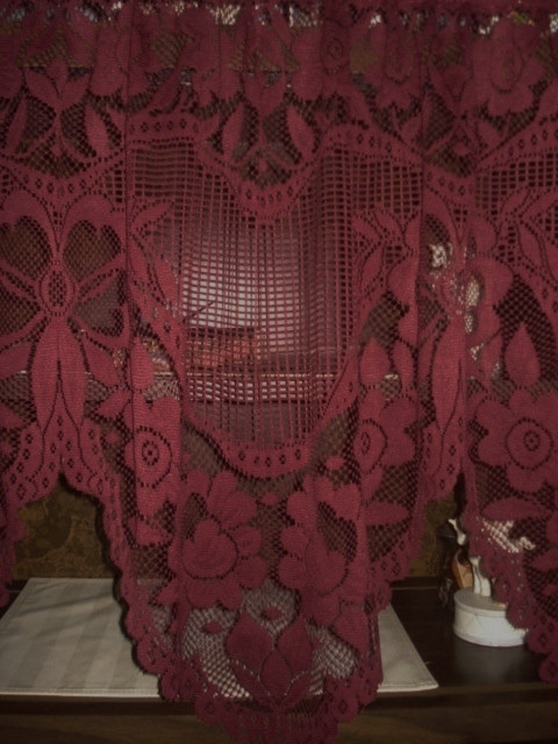 VINTAGE burgundy lace net floral scallop curtain 1 wide panel Etsy