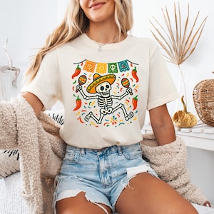 Skeleton Fiesta Unisex Tee, Dia de los Muertos Shirt, Mexican Party T-Shirt, Cinco de Mayo Top, Latin Culture Tee, Colorful Maracas Sombrero