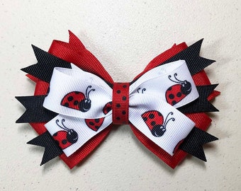 Ladybug, Red, Black, White Stacked Hair Bow, Gift Bow, Party Bow