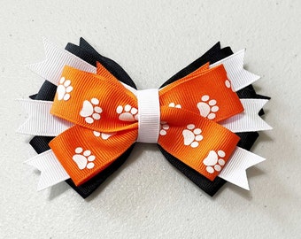 Black, White and Orange with White Paws Hair Bow, Team Spirit Bows for Cheer, Poms, Gymnastics, Dance, Color Guard, Gift Bow, Party Bow