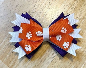 Purple, White and Orange with paws Stacked Hair Bow, Team Spirit Bows for Cheer, Poms, Gymnastics, Dance, Color Guard, Gift Bow, Party Bow