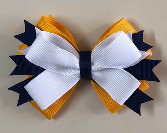 Yellow Gold, Navy Blue and White Stacked Hair Bow, Team Spirit Bows for Cheer, Poms, Gymnastics, Dance, Color Guard, Gift Bow, Fundraiser