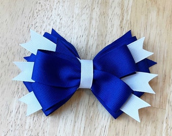 Blue, White and Blue Stacked Hair Bow, Team Spirit Bows for Cheer, Poms, Gymnastics, Dance, Color Guard, Gift Bow, Party Bow