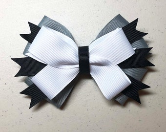 Gray, Black and White Stacked Hair Bow, Team Spirit Bows for Cheer, Poms, Gymnastics, Dance, Color Guard, Gift Bow, Party Bow