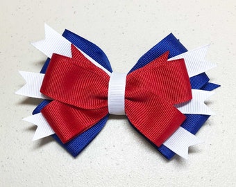 Blue, White and Red Stacked Hair Bow, Patriotic, Team Spirit Bows for Cheer, Poms, Gymnastics, Dance, Color Guard, Gift Bow, Party Bow