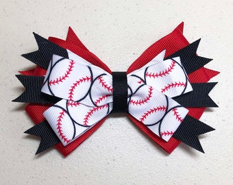 Baseball, Black, White and Red Stacked Hair Bow, Gift Bow, Party Bow