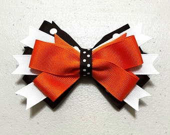 Brown Dotted, White, Orange, Gift Bow, Poms, Cheer, Gymnastics, Dance, School Spirit, Fall, Halloween