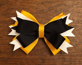 Yellow Gold, White and Black Stacked Hair Bow, Team Spirit Bows for Cheer, Poms, Gymnastics, Dance, Color Guard, Gift Bow, Party Bow