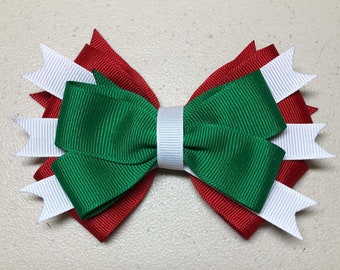 Red, White, Green Christmas Bow, Stacked Hair Bow, Gift Bow, Mexican Flag, Cinco de Mayo