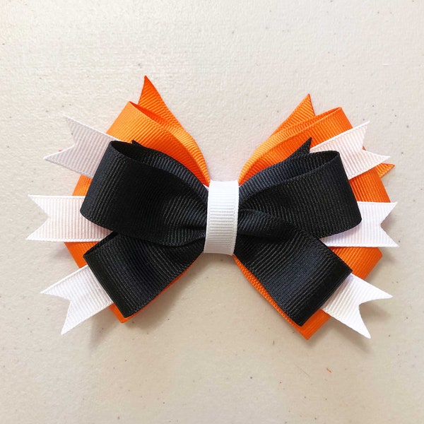 Orange, White, Black Bow, Gift Bow, Poms, Cheer, Gymnastics, Dance. Halloween, Fall