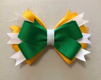 Yellow Gold, White and Green Bow, Gift Bow, Poms, Cheer, Gymnastics, Dance