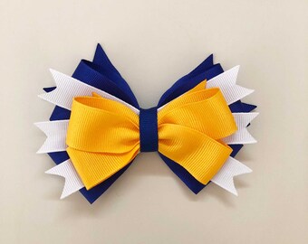 Blue, White and Gold Stacked Hair Bow, Team Spirit Bows for Cheer, Poms, Gymnastics, Dance, Color Guard, Gift Bow, Fundraiser