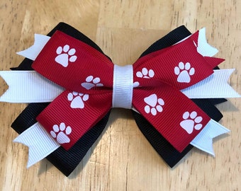 Black, White and Red with Paws Stacked Hair Bow, Team Spirit Bows for Cheer, Poms, Gymnastics, Dance, Color Guard, Gift Bow, Party Bow