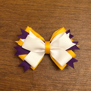 Yellow Gold, Purple and White Stacked Hair Bow, Team Spirit Bows for Cheer, Poms, Gymnastics, Dance, Color Guard, Gift Bow, Party Bow