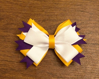 Yellow Gold, Purple and White Stacked Hair Bow, Team Spirit Bows for Cheer, Poms, Gymnastics, Dance, Color Guard, Gift Bow, Party Bow