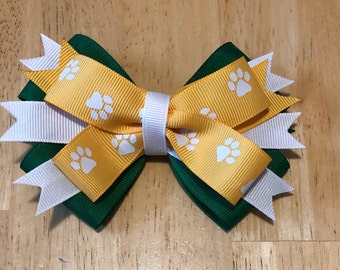 Green, White and Yellow Gold with Paws Stacked Hair Bow, Team Spirit Bows for Cheer, Poms, Gymnastics, Dance, Color Guard, Gift, Party Bow