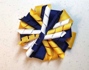 Yellow Gold, Navy Blue and White Stacked Korker Hair Bow, Team Spirit Bows for Cheer, Poms, Gymnastics, Dance, Color Guard, Gift, Party Bow