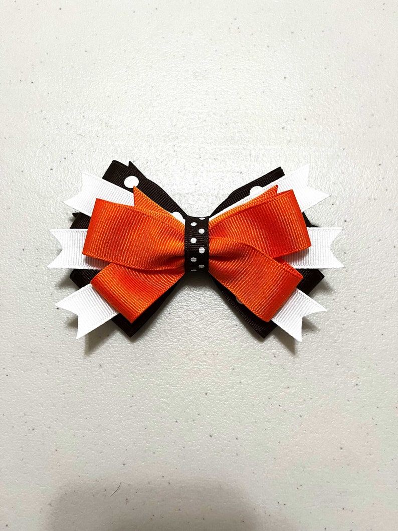 Brown Dotted, White, Orange, Gift Bow, Poms, Cheer, Gymnastics, Dance, School Spirit, Fall, Halloween image 1