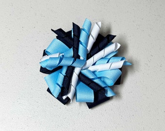 Navy Blue, Light Blue and White Stacked Korker Hair Bow, Team Spirit Bows for Cheer, Poms, Gymnastics, Dance, Color Guard, Gift, Party Bow