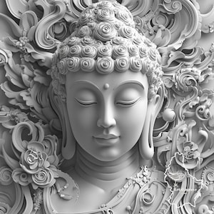 May include: A serene, grayscale depiction of a Buddha head sculpture. The sculpture features closed eyes, a gentle smile, and detailed curls atop the head. Intricate floral and swirling patterns surround the face, creating a sense of peace and tranquility.
