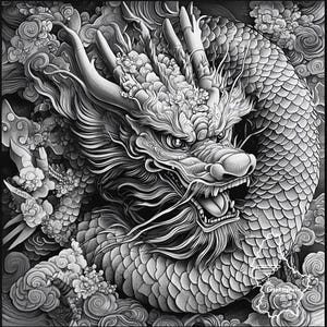 Peut inclure: Illustration en noir et blanc d'un dragon chinois détaillé. Le dragon est représenté avec des écailles complexes, des moustaches fluides et une expression féroce. L'œuvre est entourée de nuages stylisés et d'éléments floraux, créant une composition dynamique et mythique.