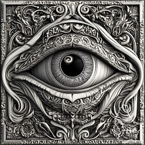 May include: A black and white detailed illustration of an eye surrounded by intricate floral and scrollwork designs. The eye is the focal point of the artwork, with a large, round pupil and detailed iris.