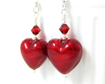 Red Heart Earrings, Valentine's Day Jewelry, Valentine's Earrings, Murano Earrings, Romantic Earrings, Valentine's Gift for Her - Love