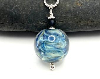 Blue Swirl Glass Necklace, Beach Necklace, Glass Marble and Sterling Silver Necklace, Ocean Necklace,  Blue Gray Vortex Lampwork Pendant