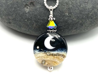 Moon Necklace, Crescent Moon Lampwork and Sterling Silver Necklace, Celestial Necklace, Black White Glass Moon Jewelry  Midnight Landscape