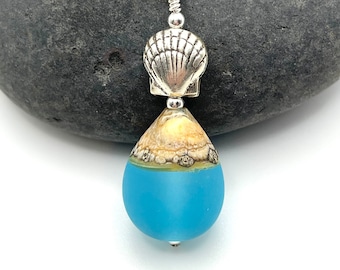 Beach Necklace, Aqua Blue Glass Sterling Silver Seashell Necklace, Ocean Necklace, Sea Glass Lampwork Pendant Necklace, Summer Jewelry