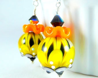 Yellow Orange Black Chrysanthemum Dangle Earrings, Fall Jewelry, Lotus Flower Earrings, Botanical Earrings Floral Lampwork Nature Jewelry