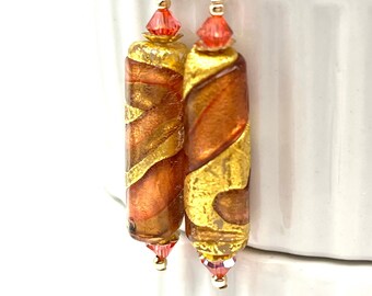 Murano Glass Earrings, Gold Swirl Pink Glass Gold Filled Cylindrical Earrings, Venetian Glass Dangle Earrings, Murano Jewelry Stick Earrings