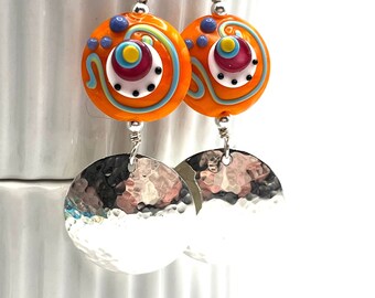 Colorful Glass & Silver Disc Dangle Earrings, Orange Fuchsia Blue Earrings, Hammered Sterling Silver Earrings, Funky Abstract Lampwork