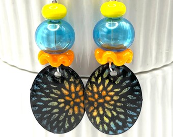 Colorful Statement Earrings, Funky Bright Colors Hollow Glass and Enamel One of a Kind Jewelry , Blue Orange Yellow Fun Enameled Copper