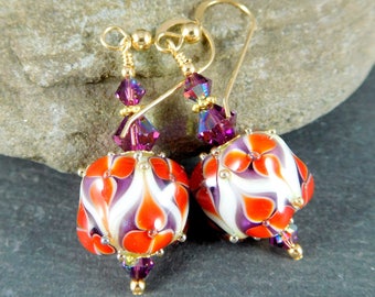 Fall Floral Glass Earrings, Red Purple Ivory Gold Flower Earrings, Autumn Jewelry, Cylindrical Botanical Drop Earrings Cottage Chic Lampwork