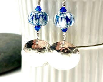 Hammered Sterling Silver & Glass Earrings, Silver Azure Blue White Dangle Earrings, Boro Lampwork Earrings, Boho Hippie Earrings, Modern