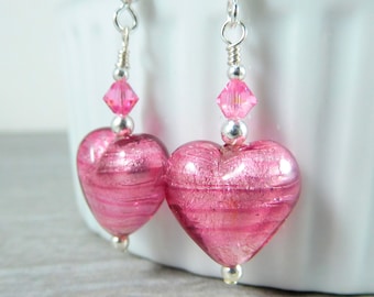 Heart Earrings, Pink Murano Glass Earrings, Valentine's Day Earrings Valentine's Jewelry Romantic Earrings Valentine's Day Gift Under 30