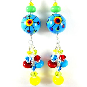 Colorful Funky Earrings, Lampwork Earrings, Glass Earrings, Rainbow Jewelry, Blue Yellow Red Earrings, Bright Colors Unique Earrings Pop Art image 1