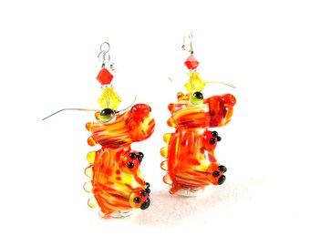 Dragon Earrings, Mythical Creature Earrings, Orange Yellow Earrings, Lampwork Earrings, Magic Dragon Earrings, Dragon Jewelry - Fiery Dragon