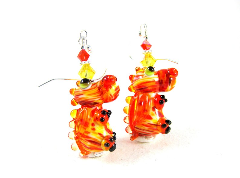 Dragon Earrings, Mythical Creature Earrings, Orange Yellow Earrings, Lampwork Earrings, Magic Dragon Earrings, Dragon Jewelry Fiery Dragon image 1