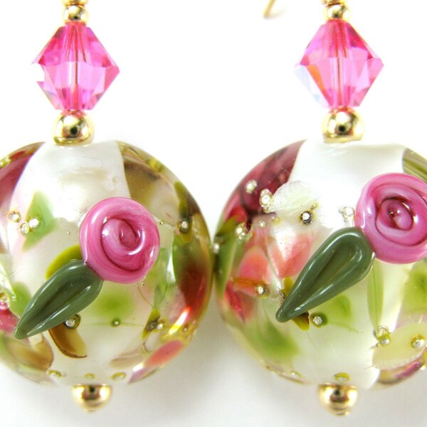 Pink Gold Glass Earrings, Pink Rose Lampwork Bead Earrings, Pink Rose Earrings, Pink Glass Bead Earrings - Sunday Picnic