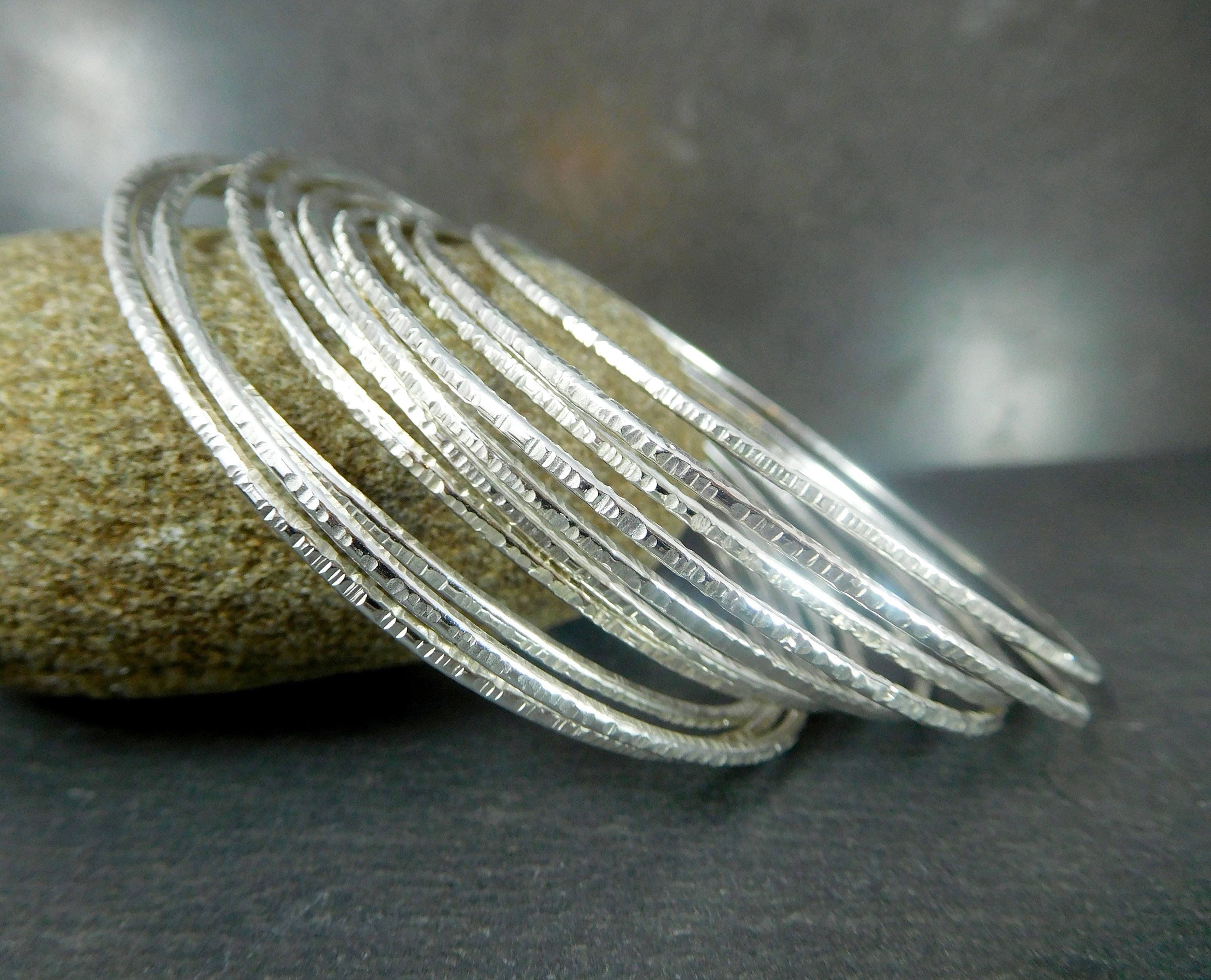 Sterling Silver Skinny Bangle Bracelets Set of 10 Sparkling