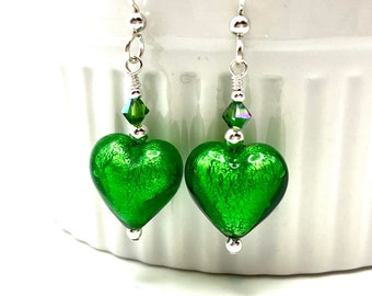 Green Heart Earrings, Valentine's Day Jewelry, St Patrick's Day Earrings, Valentine's Earrings, Emerald Green Murano Glass Earrings