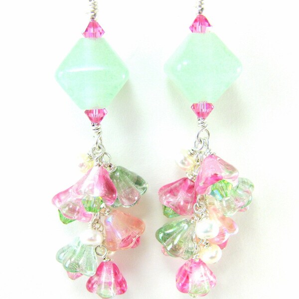 Mint Green Earrings, Mint Green Boro Lampwork Earrings, Pink Green Earrings, Pastel Earrings, Cluster Earrings - Mint Wildflowers