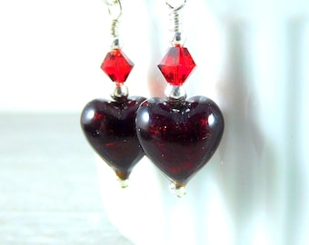 Tiny Dark Red Heart Earrings, Valentine's Day Jewelry, Valentine's Earrings, Murano Earrings, Romantic Earrings, Valentine's Gift for Her