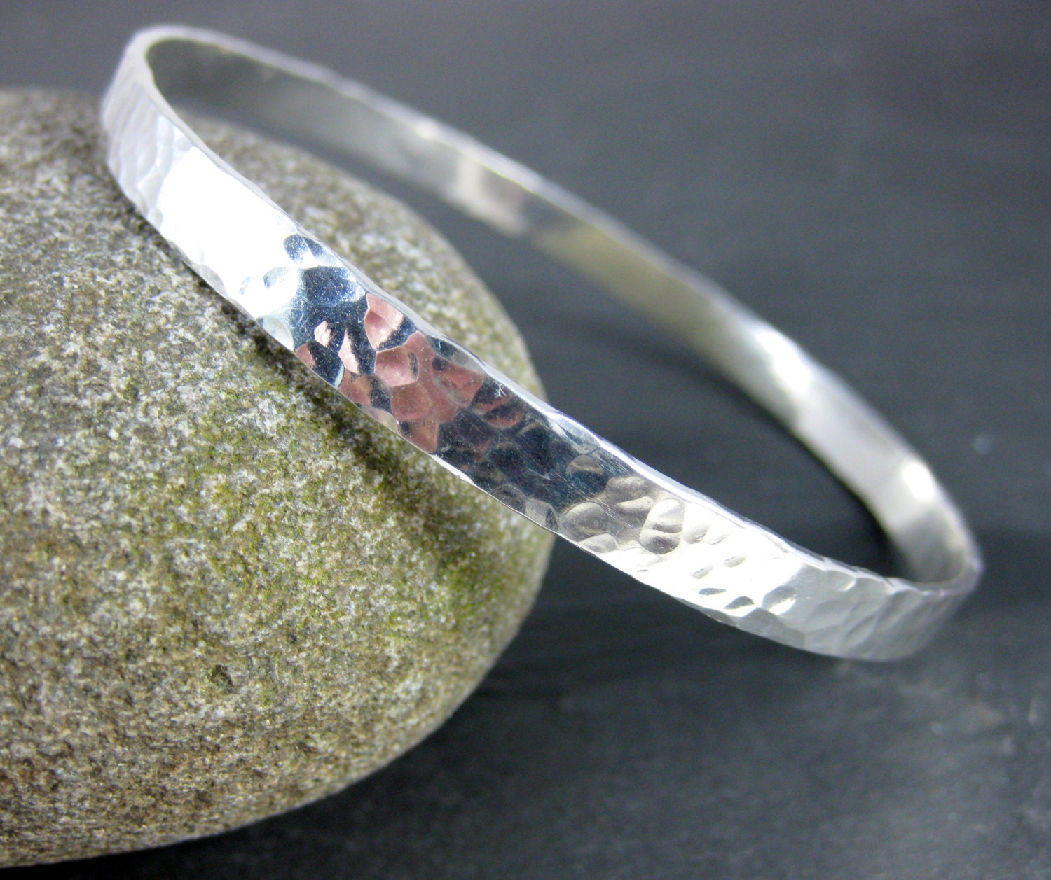 Flat Sterling Silver Bangle Bracelet, 5mm Wide Hammered Silver Bracelet ...