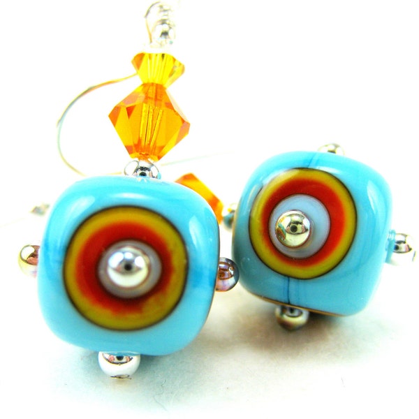 Turquoise Blue Glass Earrings, Blue Orange Yellow Cube Lampwork Bead Earrings, Crystal Sterling Silver - Toy Blocks