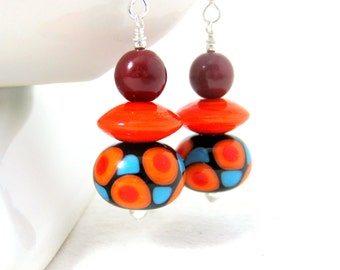 Colorful Geometric Earrings, Orange Black Red Turquoise Earrings, Statement Earrings, Lampwork Glass Earrings, Retro Earrings, Bright Colors