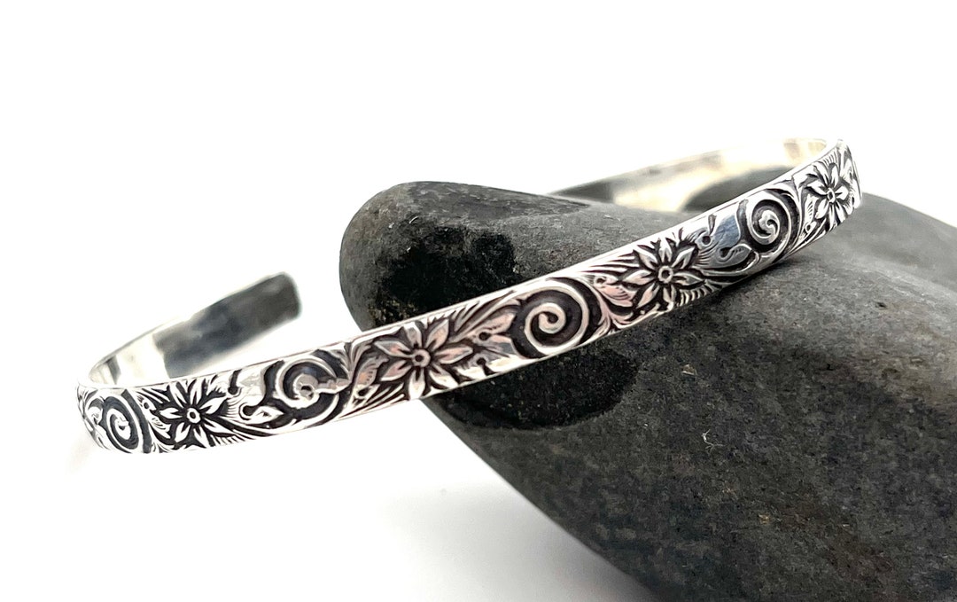 Sterling Silver Cuff Bracelet With Flowers and Swirls Sterling Silver Cuff Bracelet With Flowers and Swirls